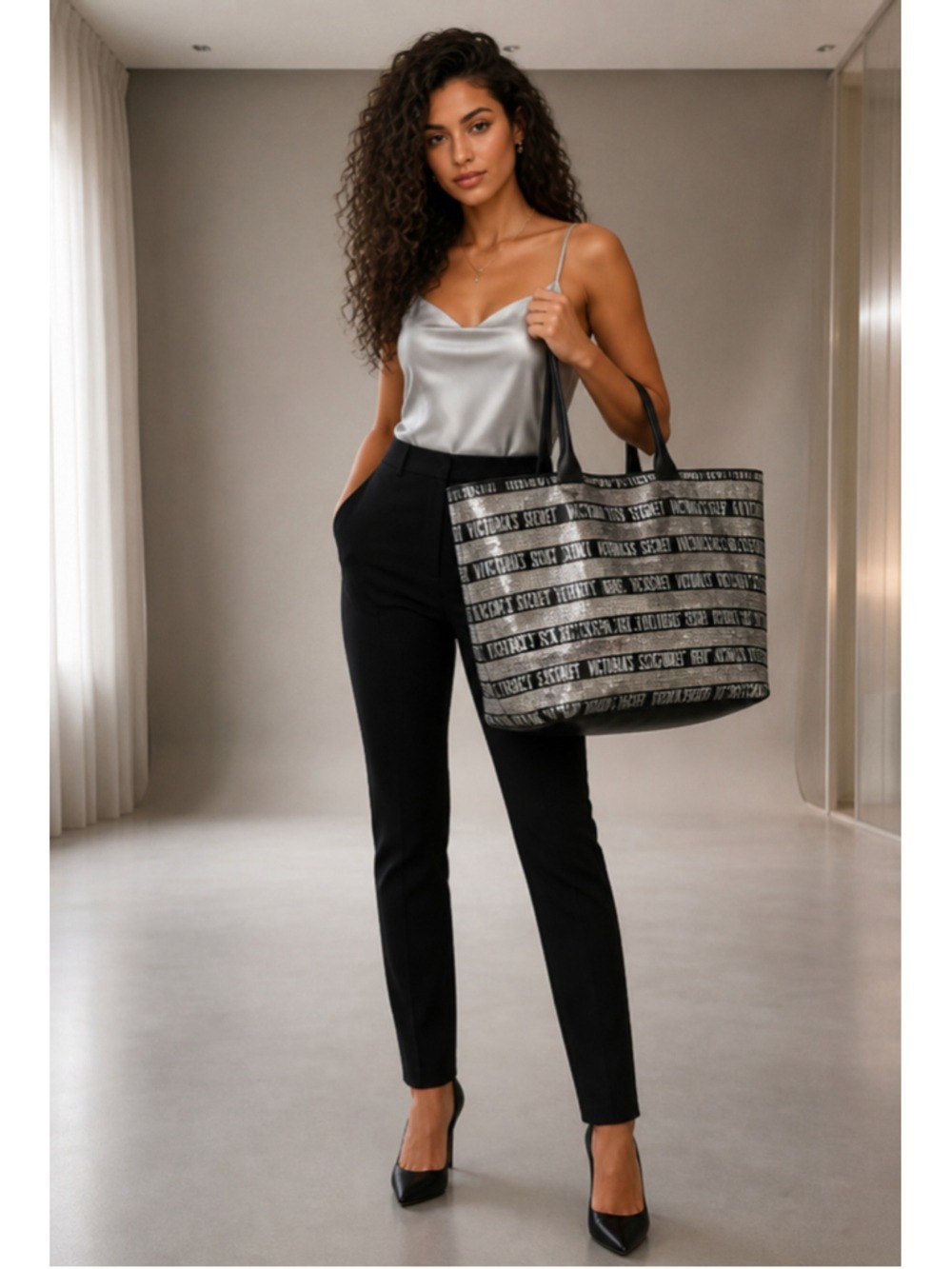 Victoria's Secret Silver Black Tote Bag